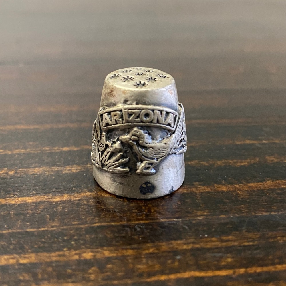 Vintage Arizona Souvenir Thimble Metal Roadrunner Cactus Desert Silver Tone‎